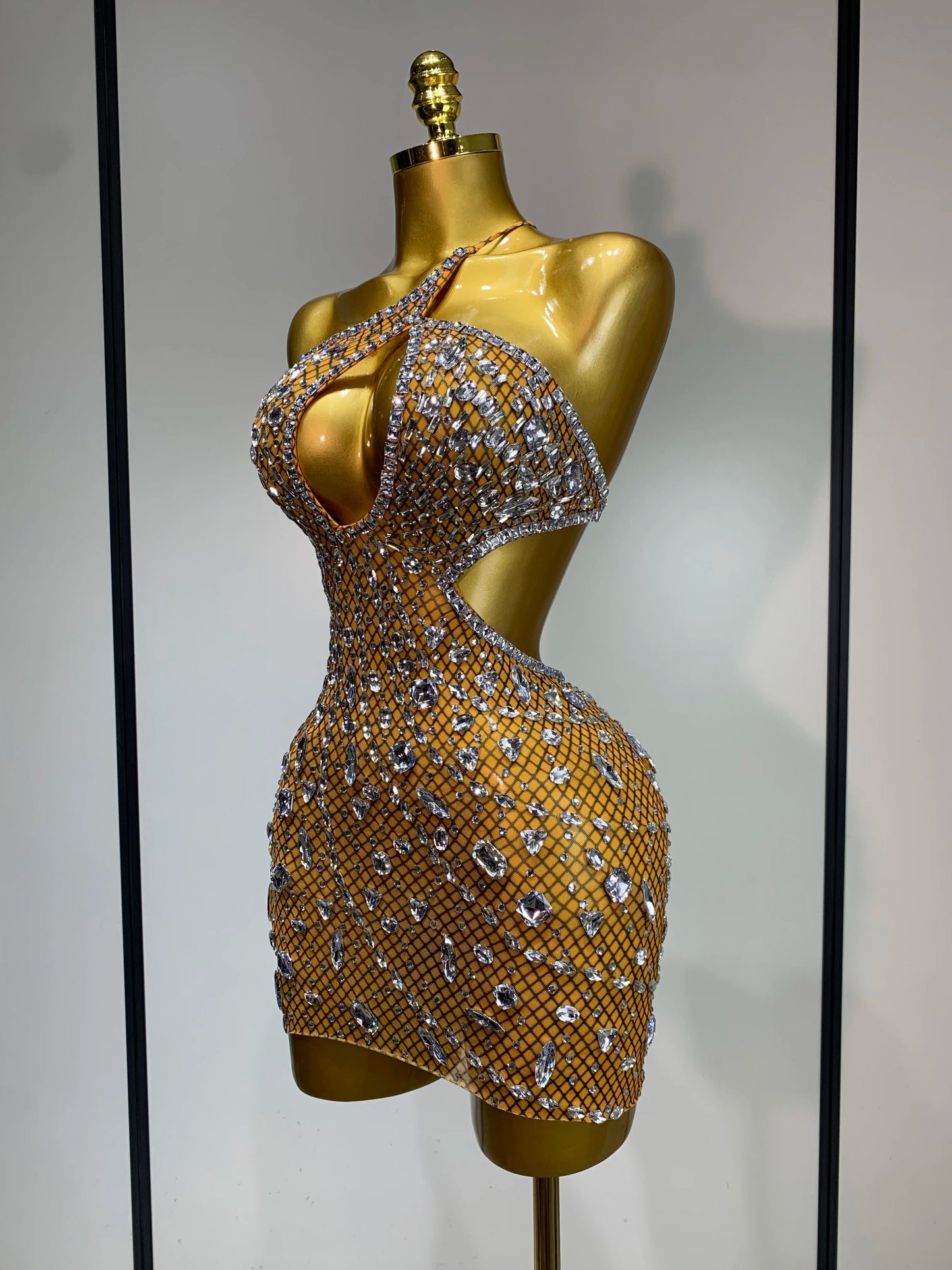 Sexy Sparkly Diamond Backless Short Dress 2025 Women Sleeveless Mesh See Through Evening Birthday Gown Singer Stage Outfit