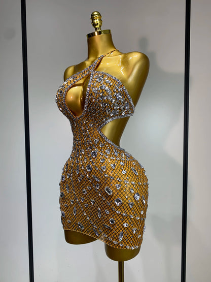 Sexy Sparkly Diamond Backless Short Dress 2025 Women Sleeveless Mesh See Through Evening Birthday Gown Singer Stage Outfit