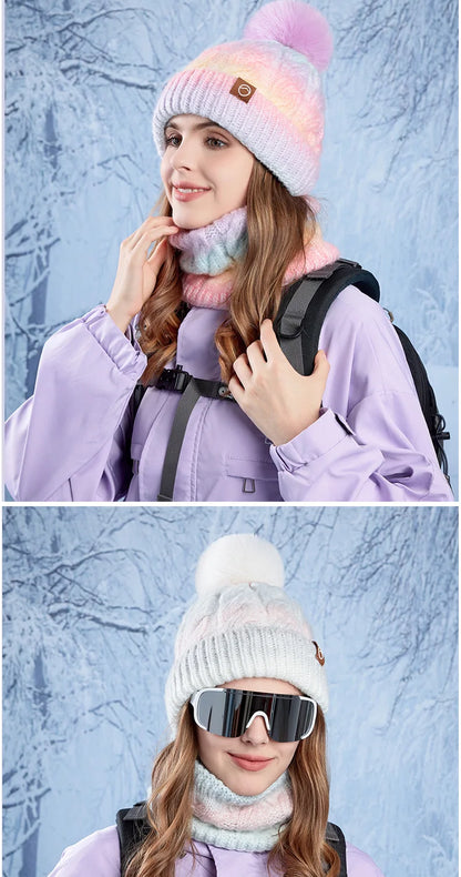 Winter Lady Warm Hat Scarf Two-piece Set Fleece Thickened Gradual Change Color Knitted Skiing Hat Fashion Pullover Hat for Women