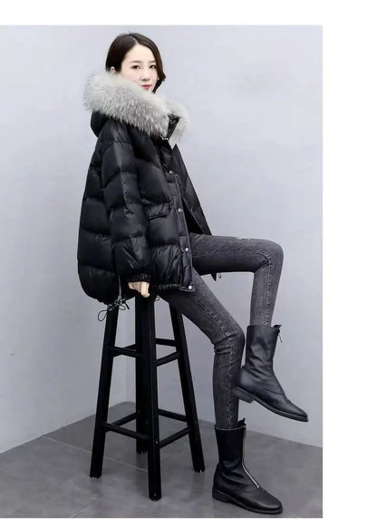 2025 Winter New Warm Down Cotton Jacket With Large Fur collar Hooded Coat Loose Women Thicken Parker Puffer Overcoat Casual wear