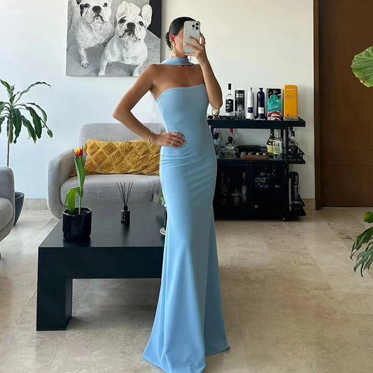 Elegant Solid Off Shoulder Bridesmaid Dresses Fashion Women Halter Slim Evening Dress Sexy Strapless High Waist Tight Long Dress