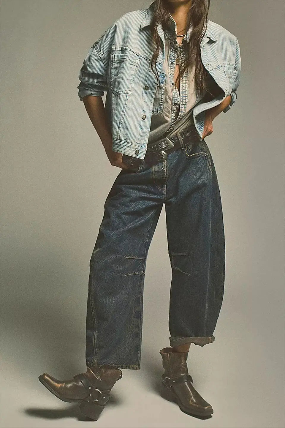 Midiross High Stretch Mid-Rise Barrel Jeans Fashion wide Leg Shape Women Casual Baggy Mid Waist Denim Pants