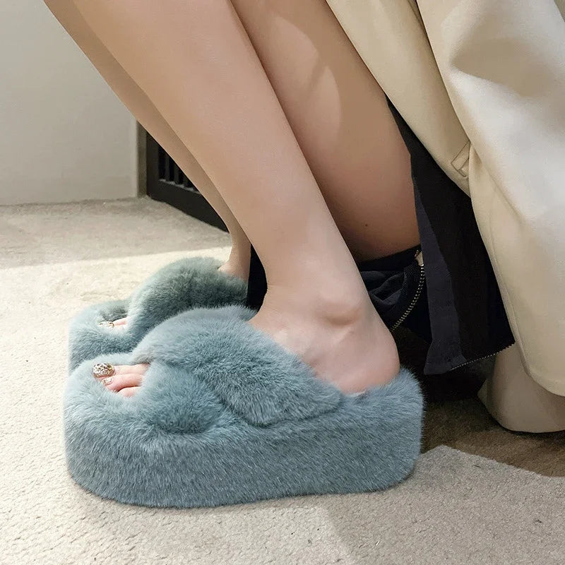 Woman Furry Ladies Faux Fur Luxury Fluffy Plush Slipper House Soft Fuzzy Girl Platform Indoor Flat Casual Sabot Round Toe Winter