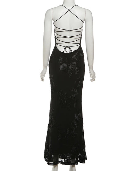 Nibber Elegant Flower Embroidery Maxi Dress Women Low-Neck Cross Bandage Backless Summer Street Trend Skinny Holiday Vestidos