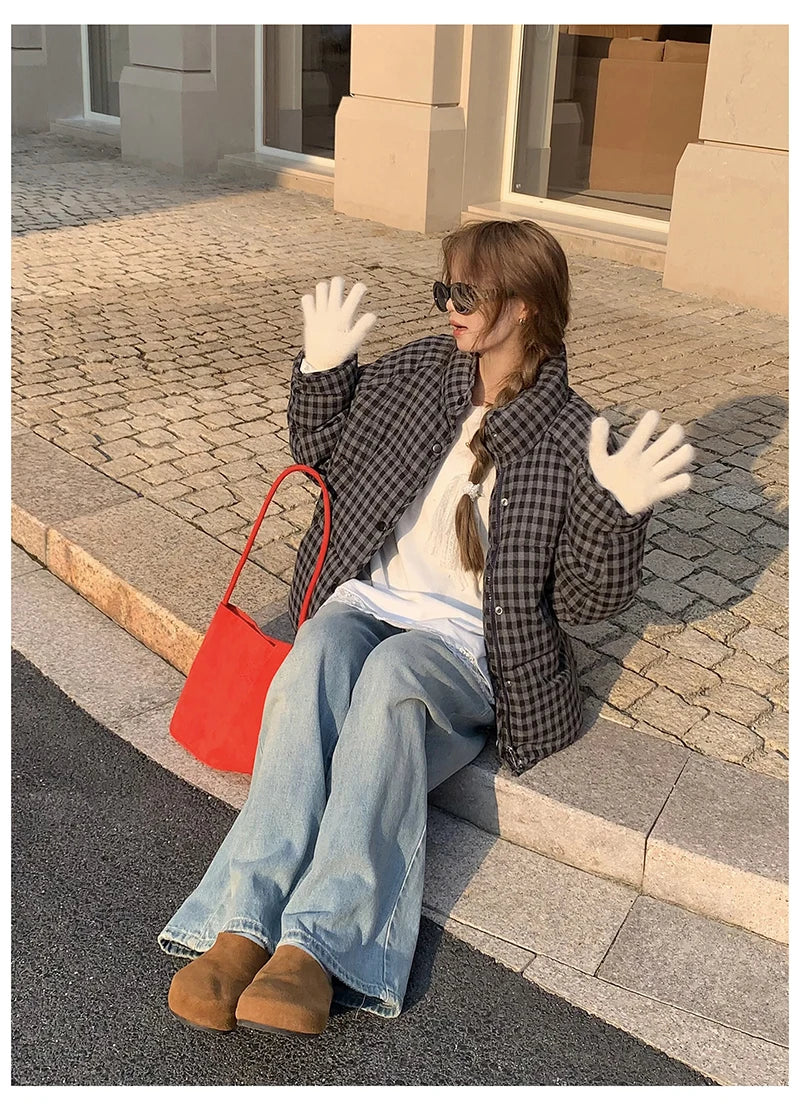 MEXZT Short Plaid Parkas Women Streetwear Stand Collar Puffer Jacket Winter Korean Down Coats Fashion Cotton Padded Outerwears