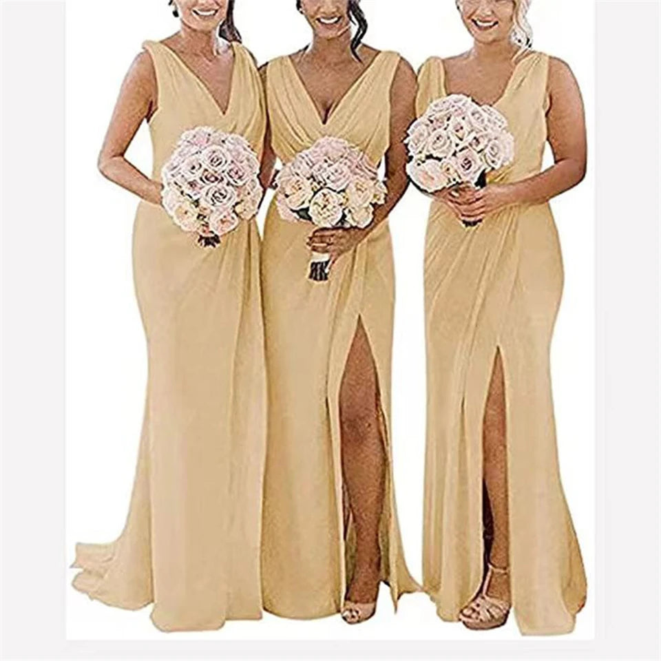 Elegant Bridesmaid Dresses 2025 Wedding Banquet V-Neck Sweep Train Sleeveless Simple A-line Split Backless Evening Dress