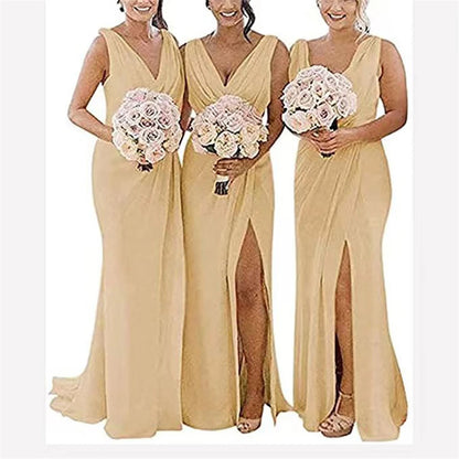 Elegant Bridesmaid Dresses 2025 Wedding Banquet V-Neck Sweep Train Sleeveless Simple A-line Split Backless Evening Dress