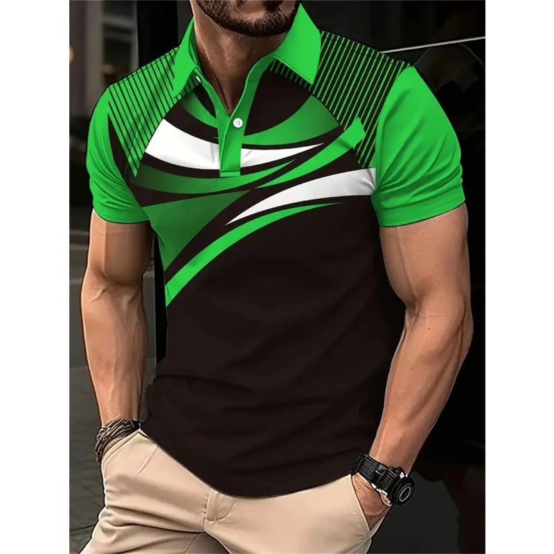 New 3D Printed Colorful Striped Man Polo Shirts Geometric Color Block Pattern Men's Clothes Shirt Casual Lapel Short Sleeve Tops