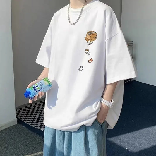 M-8XL Men Oversized Korean Fashion Loose American Vintage Carton Kitten Print Short Sleeve Versatile Trend Couple Outfit