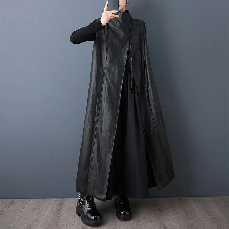 Casual Loose PU Leather Jaet Long Stand Collar Windbreaker Outerwear Faionable Design Sense Asymmetrical High-End Feeling
