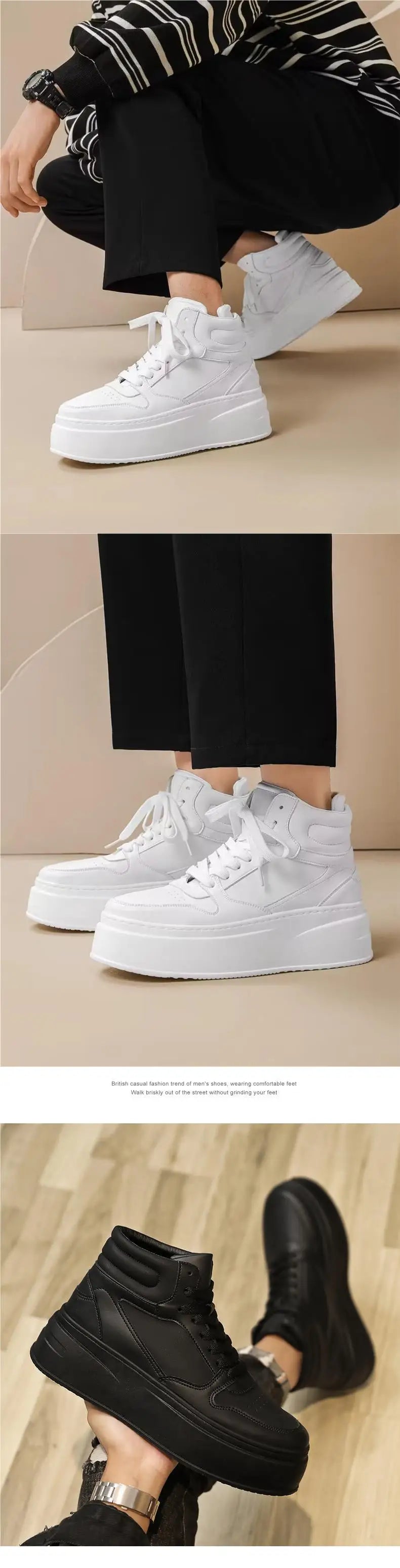 New Autumn/Winter Men's Casual Sneakers 12cm Increased Height 10cm Thick Sole White Shoes High Top Rubber Base Male Footwear