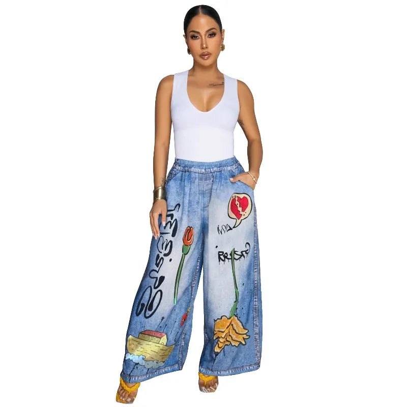 KEXU Women's Tie Dye Printed Wide Leg Casual Loose Long Pants Streetwear