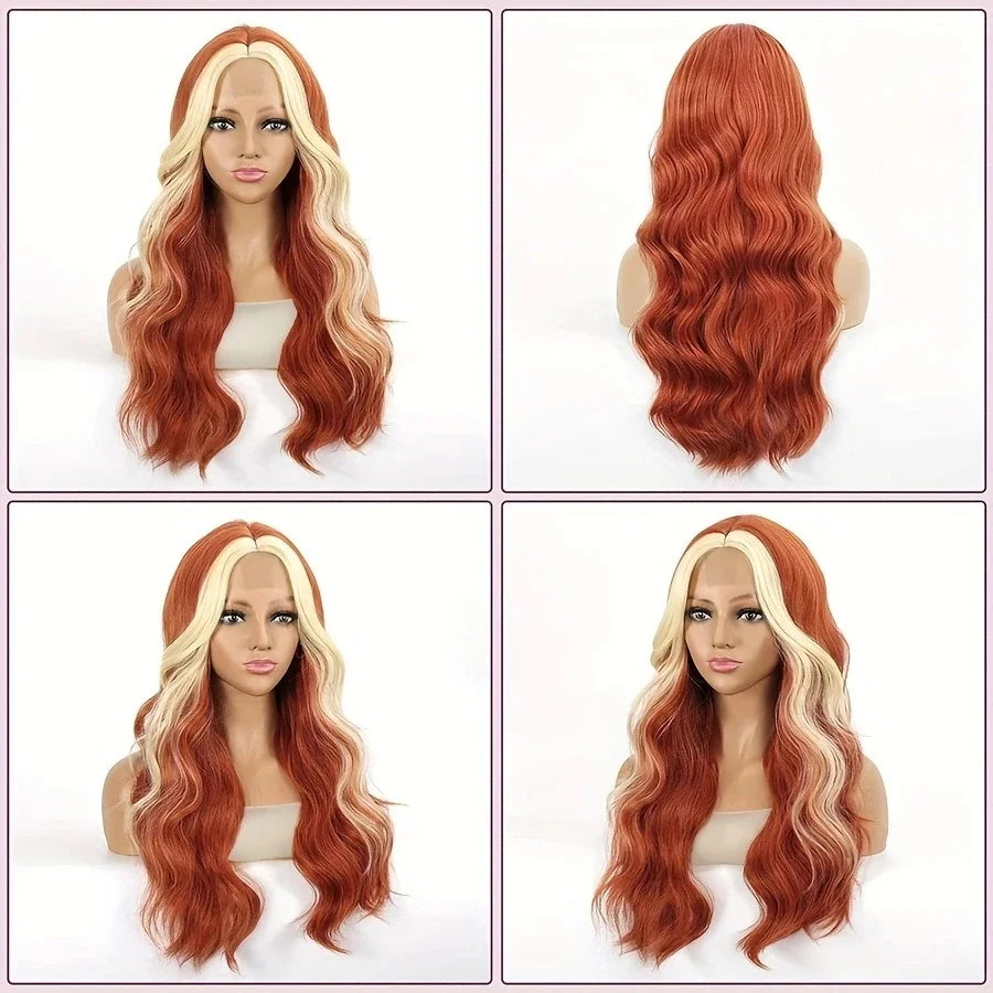26" Long Blonde to Orange Gradient Highlight Wig Skunk Stripe Synthetic Lace Front Voluminous Body Wave Hair for Women