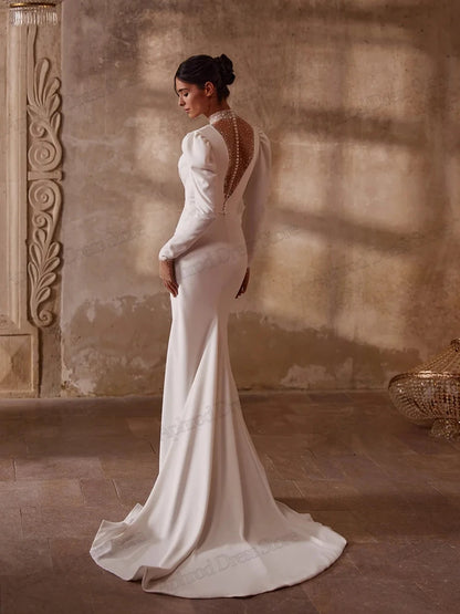 Glamorous Wedding Dresses Satin Bridal Gown Modern Robes For Formal Party Full Sleeves High Slit Vestidos De Novia Customized