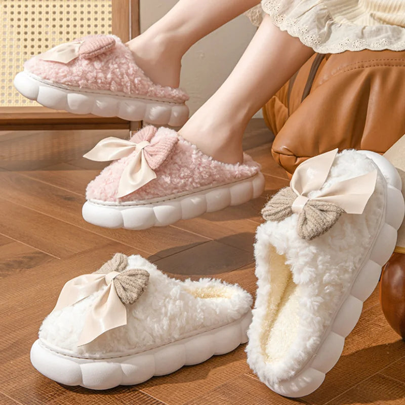 Cotton slippers for Women Autumn and Winter Thick Sole Indoor Home Warm Couples Shoes Bow Non-Slip Flat Platform Women's Slipper
