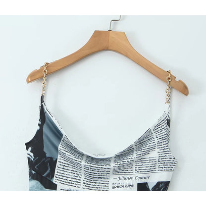 YENKYE New Women Newspaper Letter Print Irregular Hem Sling Dresses Fashion Backless Thin Straps With Chain Summer Sexy Dress