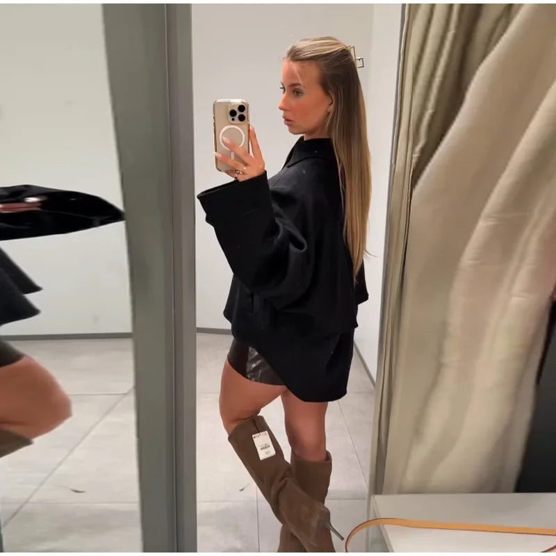 Woolen Zipper Loose Short Jacket Women Long Sleeve Lapel Solid 2025 Autumn Winter Commute Coat Street Office Warm Ladies Outwear