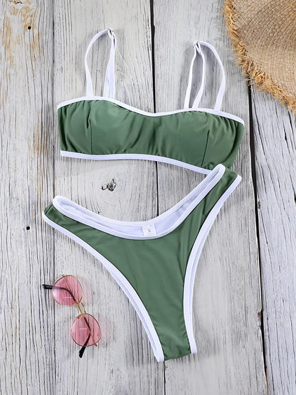 Bandeau Bikini 2025 Halter Bordered Swimsuits Women Bandage Swimwear Green Bathing Suit Sexy Biquini Mujer Low Waist Beach Wear