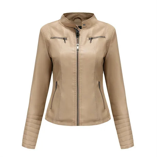 Women's Slim Leather Jacket, Stand-up Collar, Zipper Stitching, Monochromatic Coat, Fashion Clothing, New