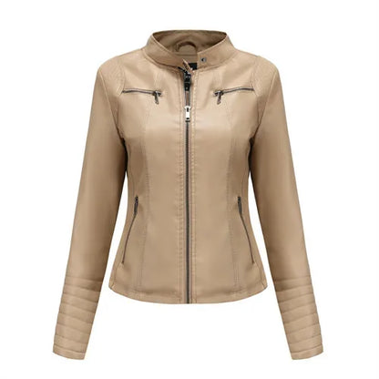 Women's Slim Leather Jacket, Stand-up Collar, Zipper Stitching, Monochromatic Coat, Fashion Clothing, New
