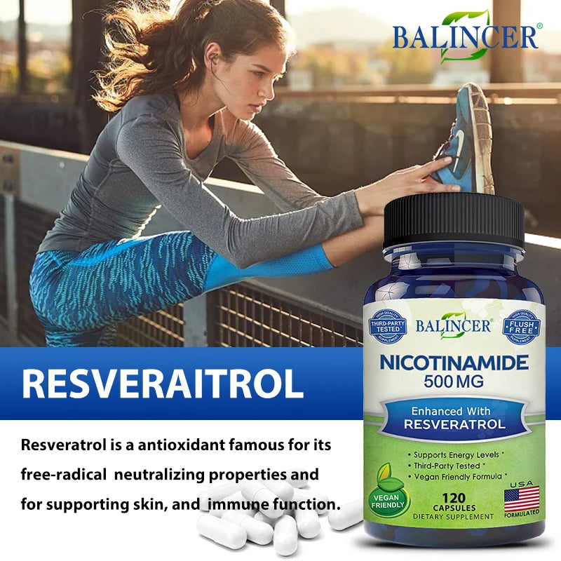 Niacinamide & Resveratrol Capsules - Vitamin B3 500 Mg - Supports Skin Cell Health and Energy