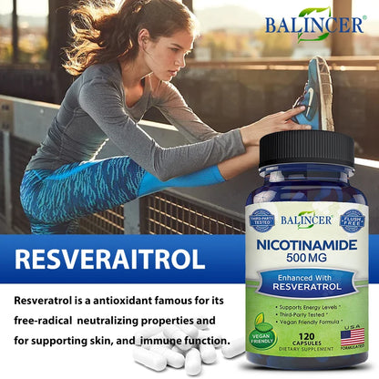 Niacinamide & Resveratrol Capsules - Vitamin B3 500 Mg - Supports Skin Cell Health and Energy