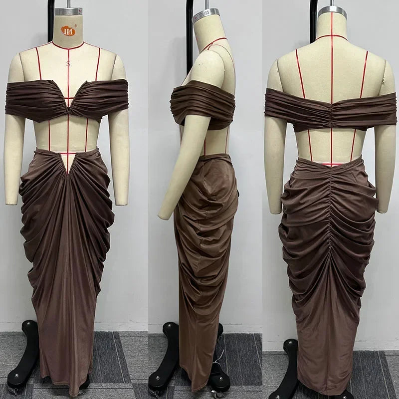 Sexy Party Night Ruched Maxi Dress Sets for Women Two Piece Set Sexy Club Outfits Slash Neck Crop Top + Long Skirt Matching Sets