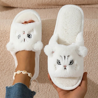 Cute Cartoon Cat Home Slippers for Women Open Toe Non Slip Wave Sole Faux Fur Slides Woman Autumn Winter Plush Indoor Slippers