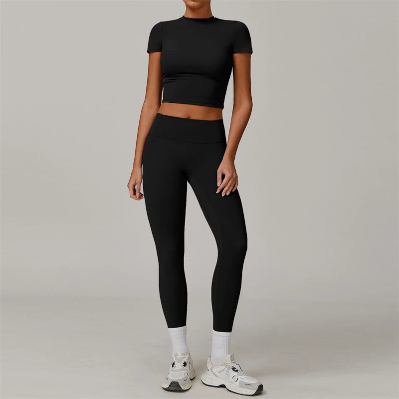 2 Pieces Women Yoga Set Workout Sportswear Gym Clothing Fitness Short Sleeve Crop Top High Waist Leggings Sport Suits