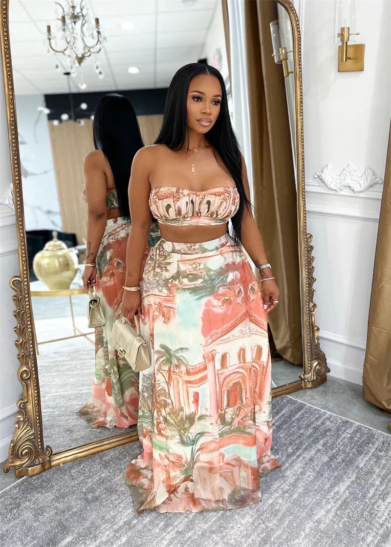 Doyerl Pattern Printing Party Dress Sets Women Two Piece Set Vacation Club Wear Crop Top and Long Skirt Matching Sets Outfits