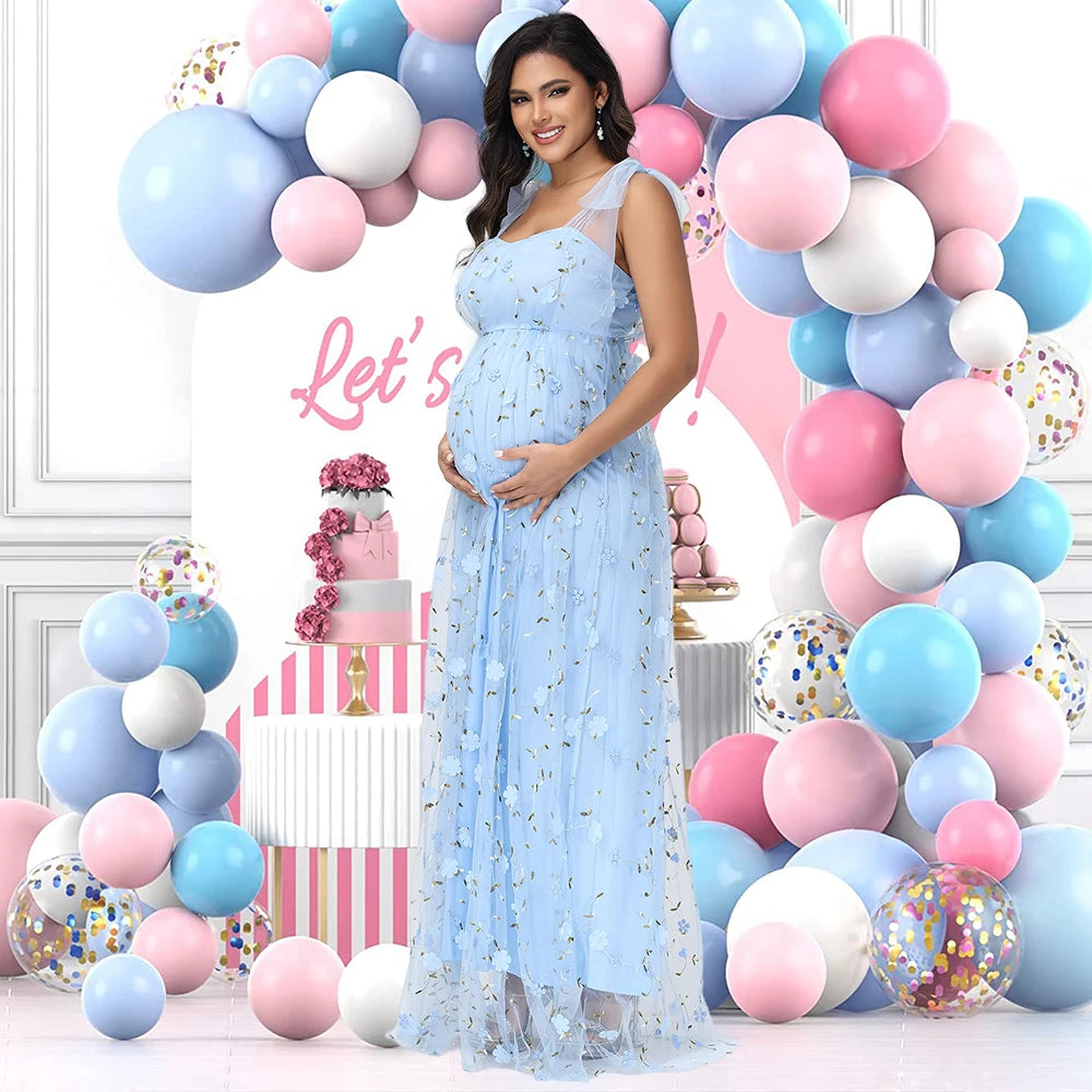 Maternity Photography Tulle Straps Evening Party Gowns Floral Embroidered Mesh Summer Long Dress for Baby Shower Photoshoot