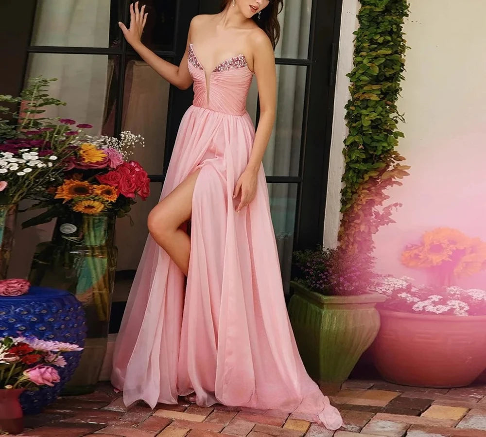 Customized Evening Dress Sexy Deep V Neck Sleeveless Crystal Beading Pleat Split A Line Sweep Train Prom Gown Party Dresses