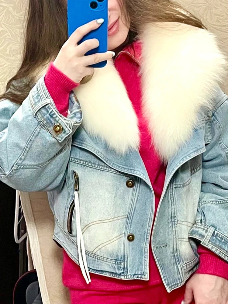 Womens Coats Spring New 100%Natural Real Fox Fur Collar Fashion Short Denim Jacket Luxury Goose Down Puffer Jackets Clothing