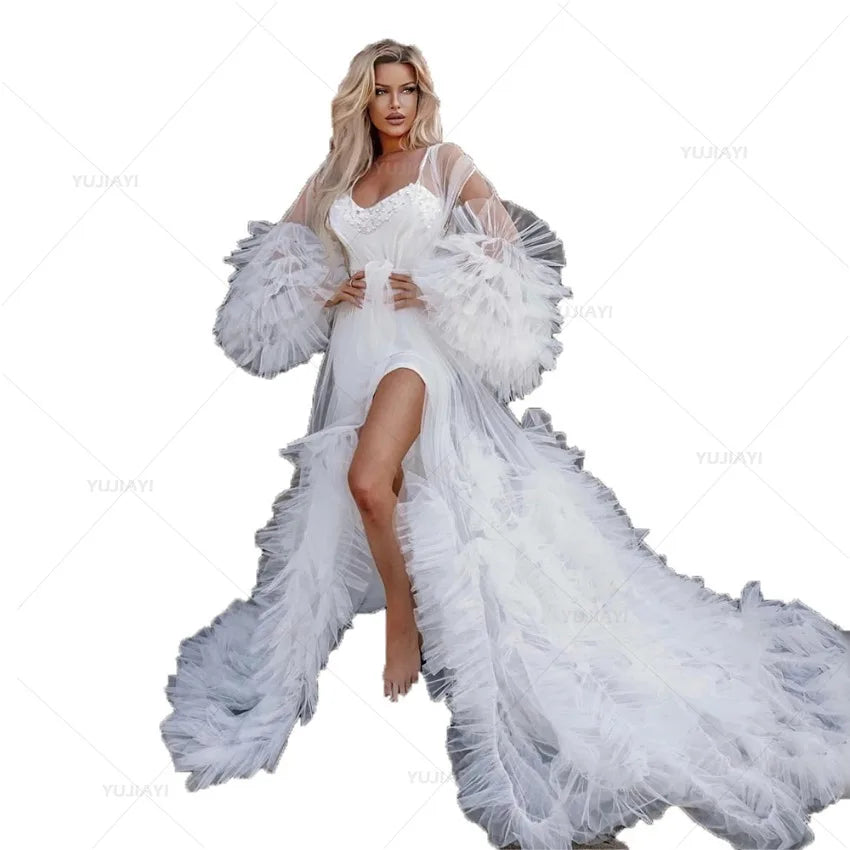 Puffy Tulle Bridal Robes Ruffles Wedding Dress for Photoshoot Evening Gown Bridal Boudoir Sheer Lingerie Nightgown Sleepwear