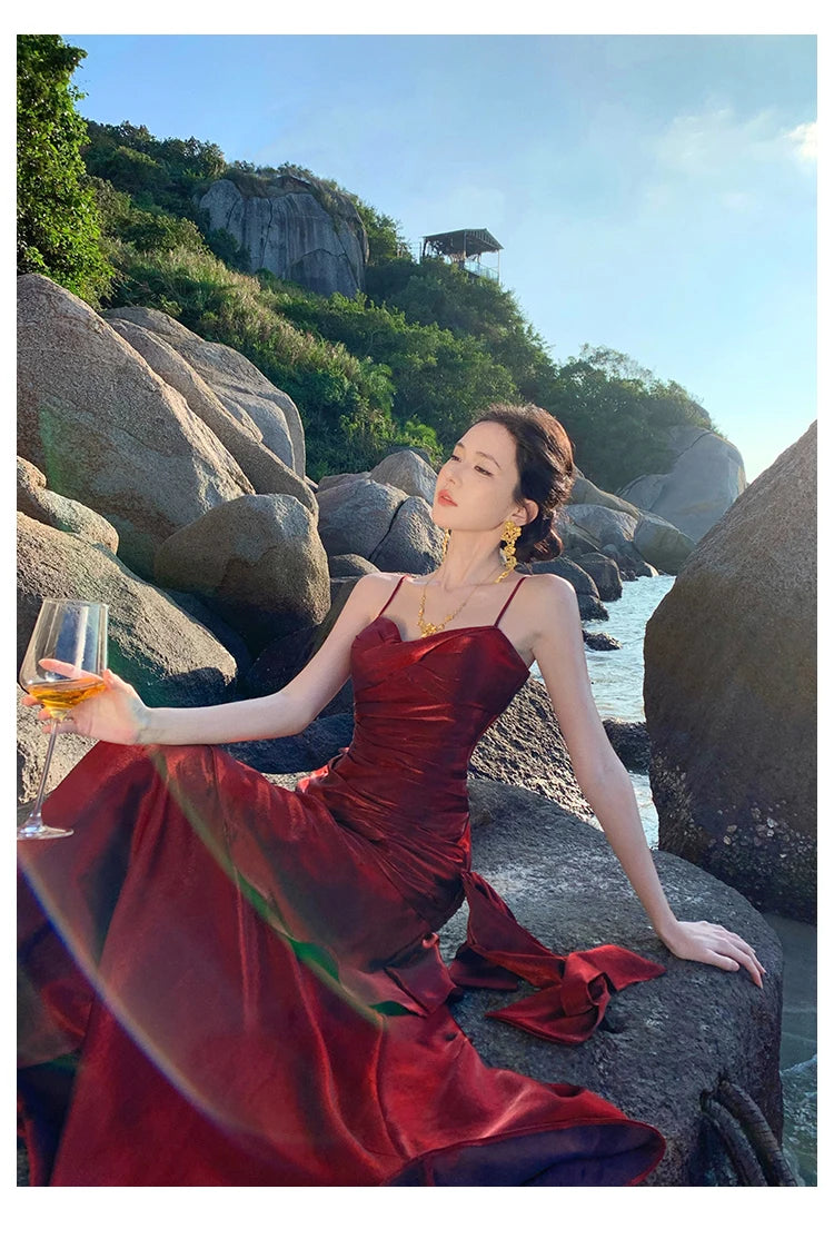 Sexy Solid Spaghetti Strap Sleeveless Evening Dresses Elegant Ruffles Party Long Dress For Women Summer Slim Beach New Vestidos