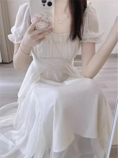 French Style White Fairy Dress Women's Summer 2025 New Super Fairy Princess Gown Gentle Wind Long Skirt Elegant Sensation