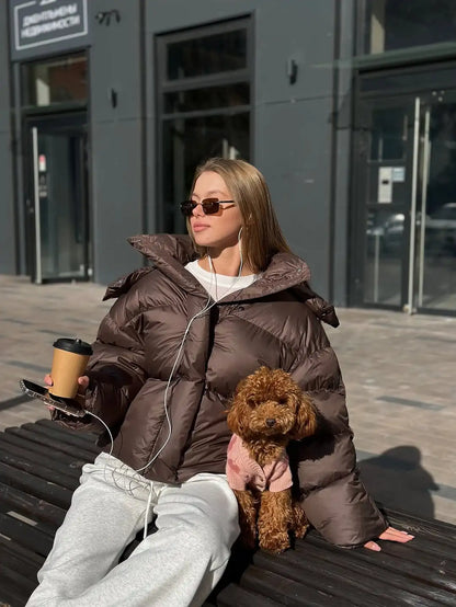 Women Brown Hooded Cotton Coat Fashion Lapel Full Sleeve Zipper Button Warm Loose Short Coats Lady Winter Casual Street Outwear