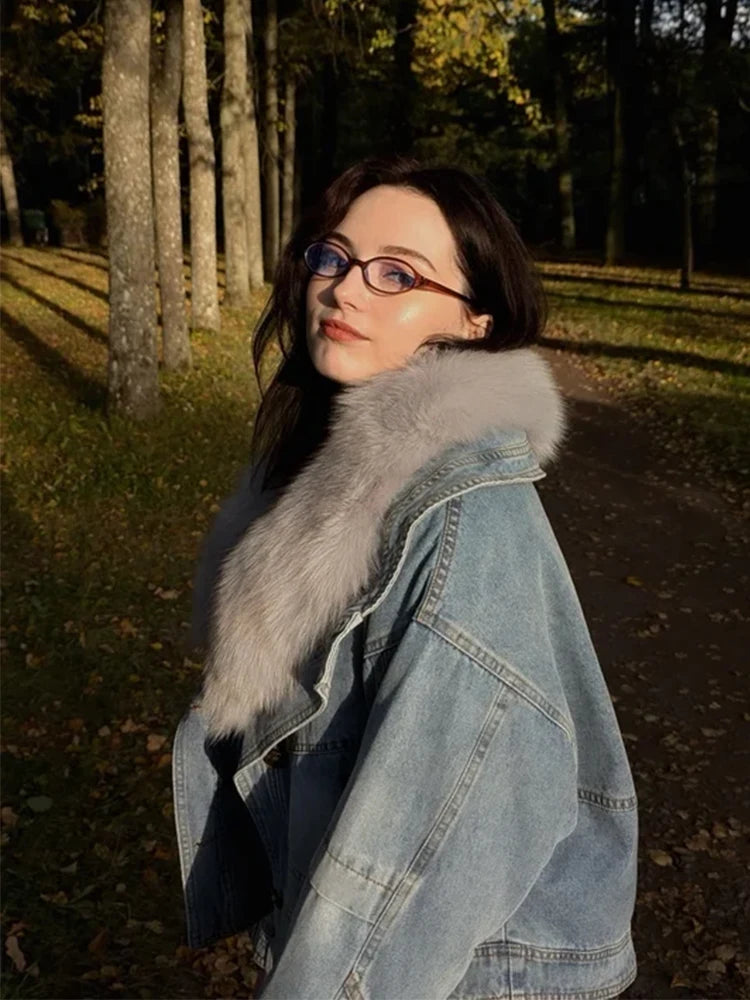 Womens Coats Spring New 100%Natural Real Fox Fur Collar Fashion Short Denim Jacket Luxury Goose Down Puffer Jackets Clothing