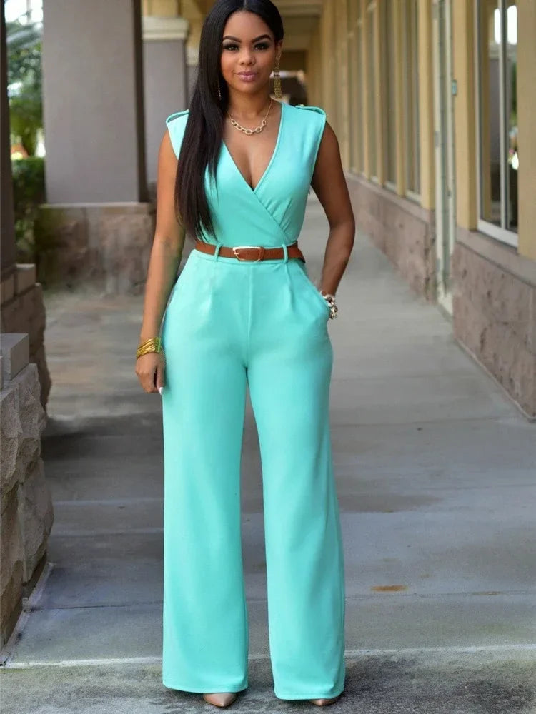 Business Formal Jumpsuit Work Wear Women Romper Elegant Long Deep V Neck Sleeveless High Waist Wrap Jumpsuits Fashion Streetwear