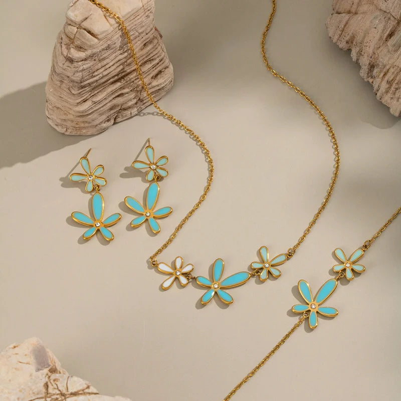 Cute Dopamine White Blue Oil Drop Diamond Flower Necklace 18K Gold-plated Stainless Steel Jewelry Set for Women Wholesale