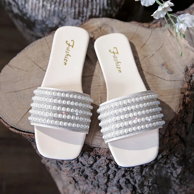 Women's Summer New Fashion Square Head Open Toe Design Women's Slippers Casual Flat Leather Beach Women's Flip-flops