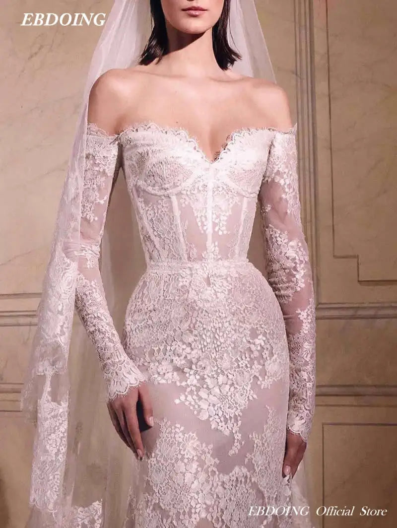 Newest Wedding Dress Mermaid Lace Sweetheart Neck Customized Chapel Train Off The Shoulder Sleeves Bride Gown Vestidos De Novias