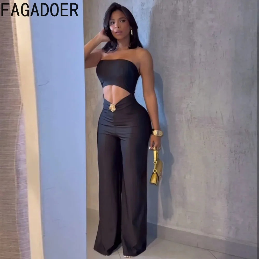 FAGADOER Sexy Hollow Out Bodycon Jumpsuit for Women Solid Color Sleeveless Backless Rompers Female Streetwear Overalls 2026 New