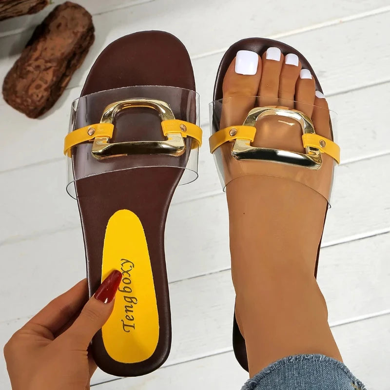 Summer 2025 New Women's Large Fashion Sandals and Slippers Summer New Flat Metal Strap Sandals