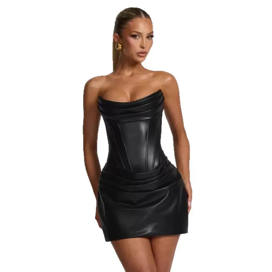 Suninheart Pu Faux Leather Party Dress Women 2025 & 2026 Strapless Bodycon Mini Dress Elegant Lace Up Ruched Dress for Wedding Events
