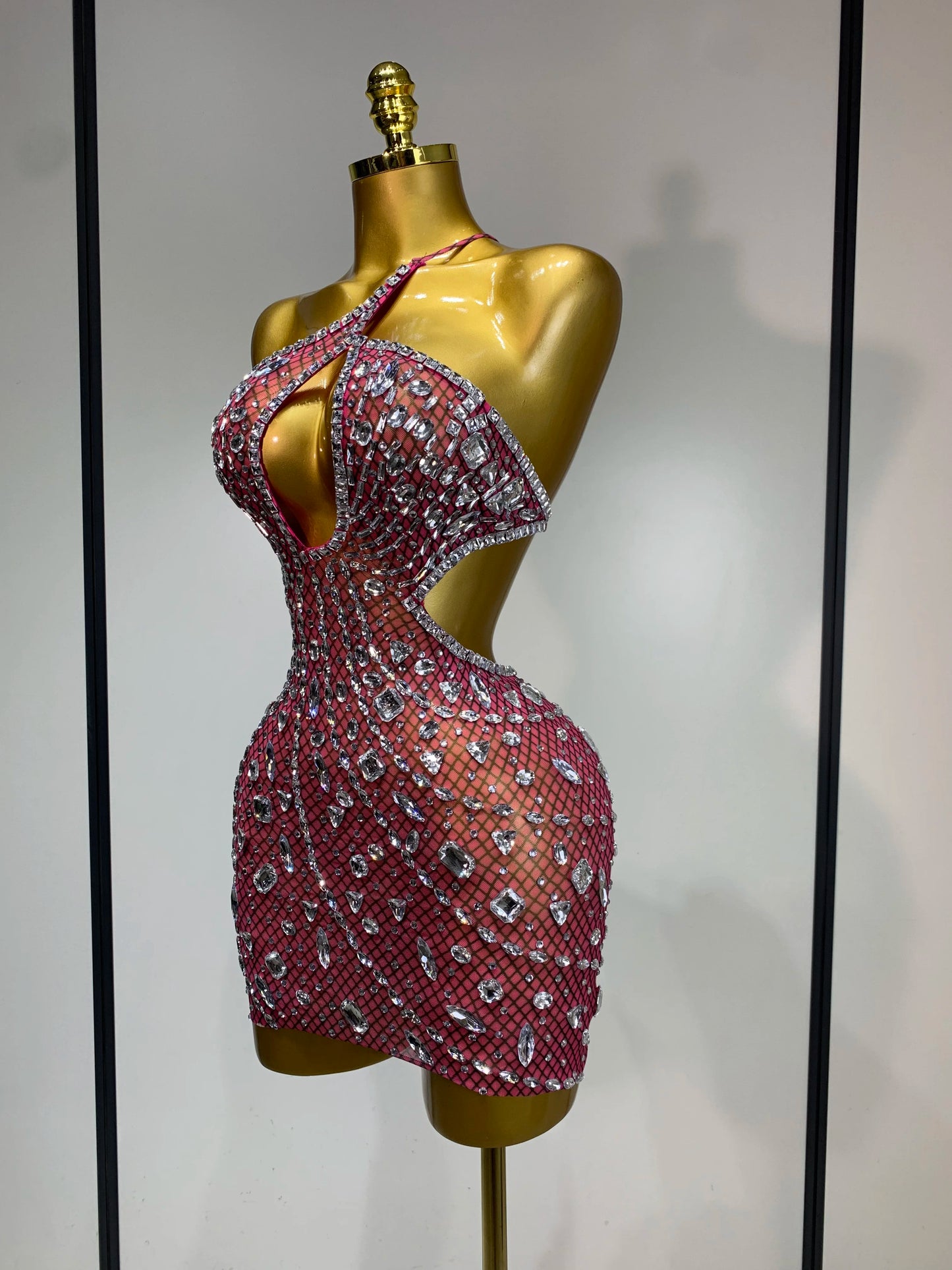 Sexy Sparkly Diamond Backless Short Dress 2025 Women Sleeveless Mesh See Through Evening Birthday Gown Singer Stage Outfit