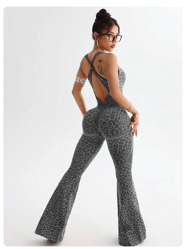 New Leopard Print Bodysuit Women Seamless Flared Pants Jumpsuits Sexy One-piece Fitness Suit Cross Back Stretchy Yoga Jumpsuits