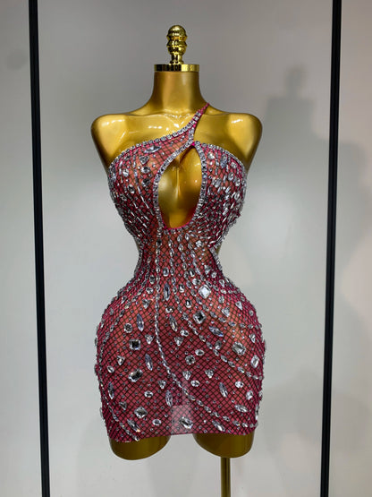 Sexy Sparkly Diamond Backless Short Dress 2025 Women Sleeveless Mesh See Through Evening Birthday Gown Singer Stage Outfit