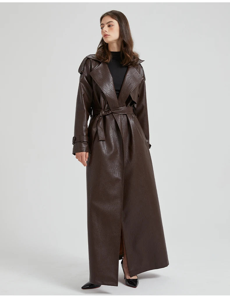 Lautaro Spring Autumn Extra Long Brown Pu Leather Trench Coat for Women Sashes Luxury Chic Overcoat Runway European Fashion 2024