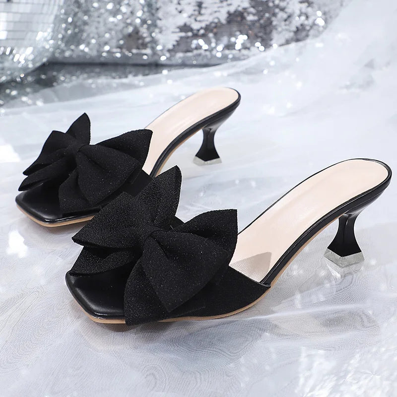 Pink Bowtie Decor High Heels Sandals for Women 2025 Summer Light Square Toe Slippers Fashion Plus Size Thin Heeled Party Shoes